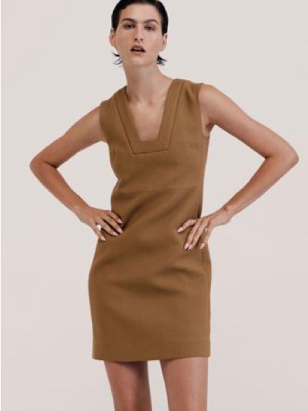St. John Camel Sleeveless Square-Neck Mini Dress